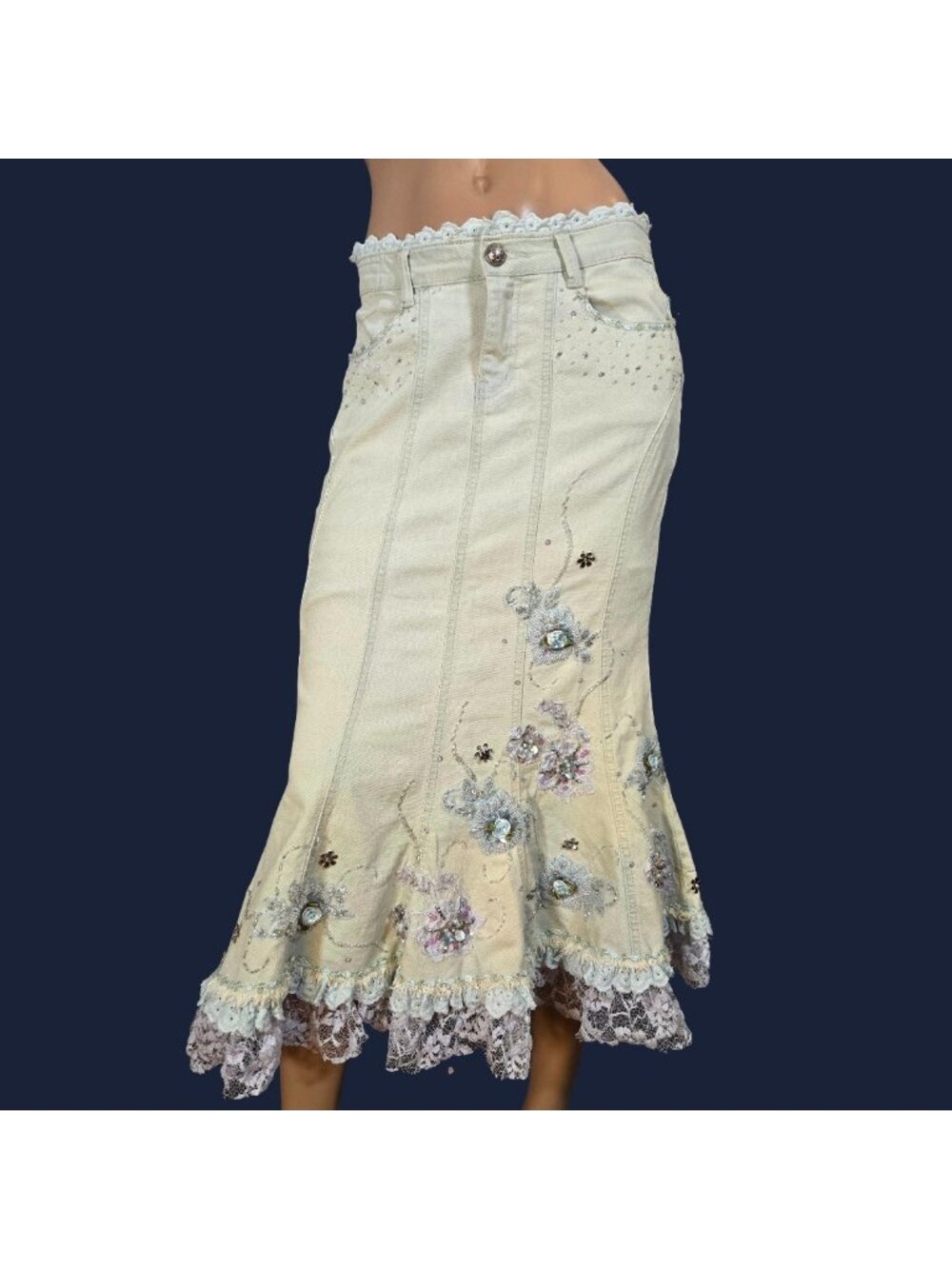 Y2K Beaded Denim Fairy Mermaid Skirt Lace Trim Rhinestones Low Rise Light Wash M
